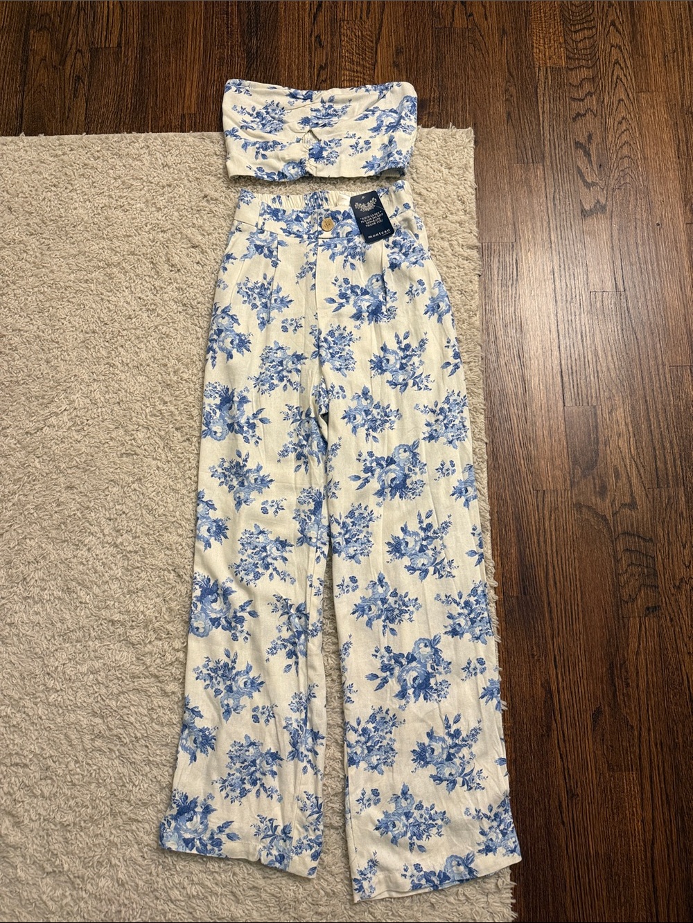 Monteau Cream Wide Leg linen Pants set with Blue Floral Print
